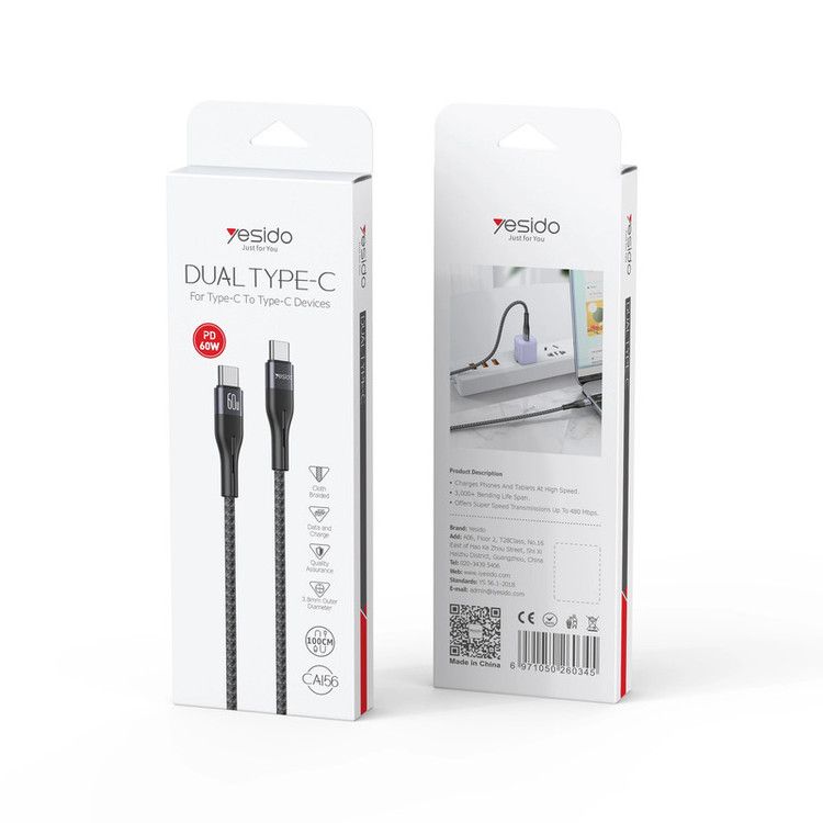 کابل USB-C یسیدو مدل DUAL TYPE-C CA156 60W طول 1 متر