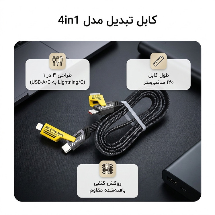 کابل تبدیل USB/USB-C به لایتنینگ/USB-C اچ تی ام مدل 4in1 طول 1.2 متر