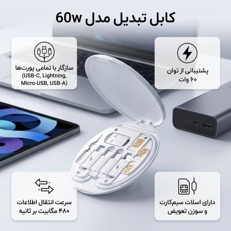 کابل تبدیل USB-C به USB-C / لایتنینگ / USB / micro USB مدل 60w طول 0.28 متر